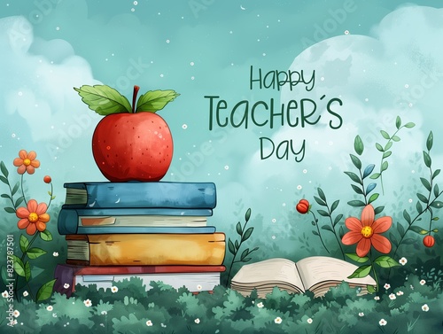 Illustration of apples and books with a text that says Happy Teacher's Day