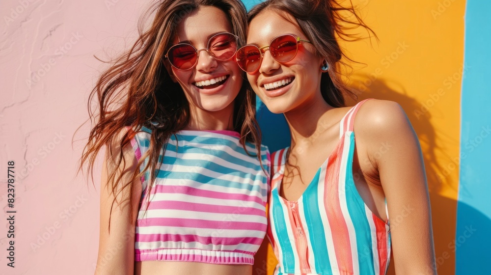 Two women wearing colorful swimsuits and sunglasses are smiling at the camera Two women wearing colorful swimsuits and sunglasses are smiling at the camera