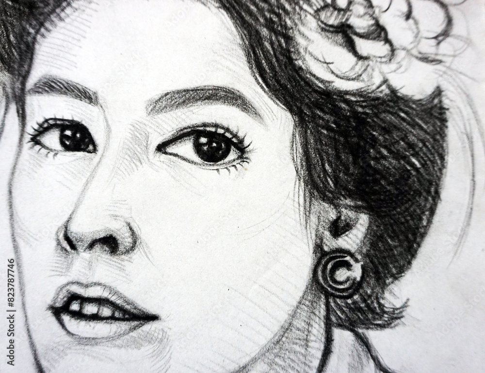 Obraz premium professional artist hand drawn sketch creative line drawing girl face light and shadow and lady face structure skill draw line fragment of artwork school of art studying academy of art