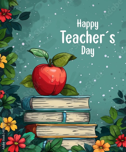 Illustrated Teacher's Day Background - Books and Apples