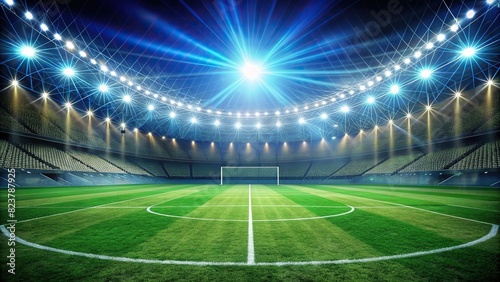 Illuminated soccer pitch with bright lights shining down © artsakon