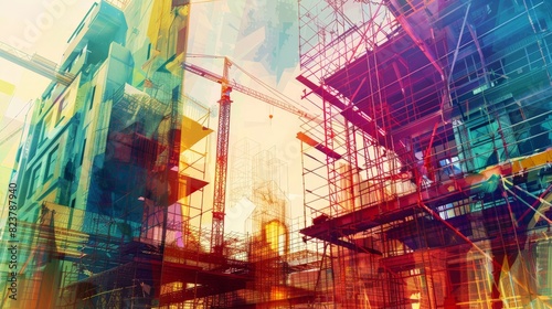 Color Illustration digital building construction engineering with double exposure abstract graphic design