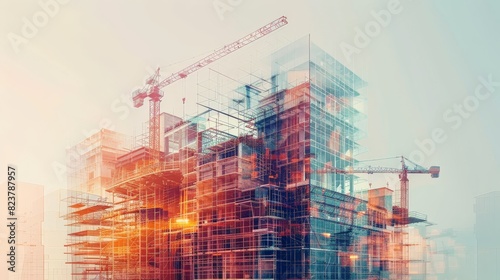 Color Illustration digital building construction engineering with double exposure abstract graphic design