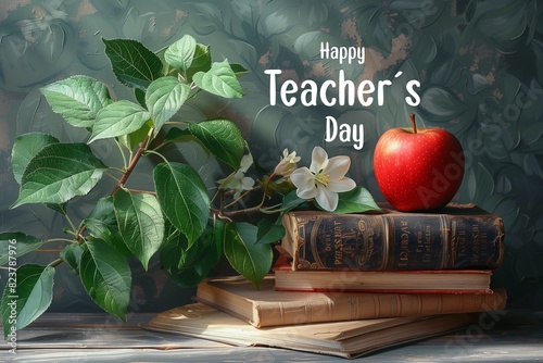 A text that says Happy Teacher's Day against a background with school elements
