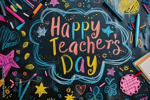 A text that says Happy Teacher's Day against a background with school elements