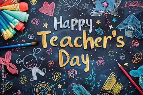Handwritten text saying Happy Teacher's Day - Colorful Teacher's Day Background