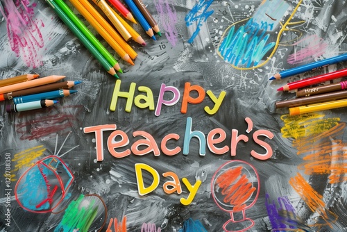 A text that says Happy Teacher's Day surrounded by colored pencils