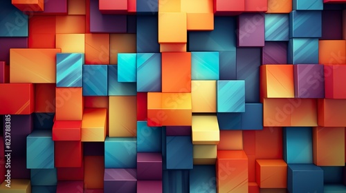 Abstract background with repeating geometric cubes texture. Vivid rainbow tiles mosaic panorama. Glossy dynamic rectangle boxes construction. Header illustration for banner design. Generative AI.