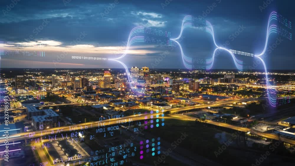 Dynamic digital data overlays enhance cityscape's lights at dusk, visualizing analytics and information processing. A futuristic urban scene with technology and innovation