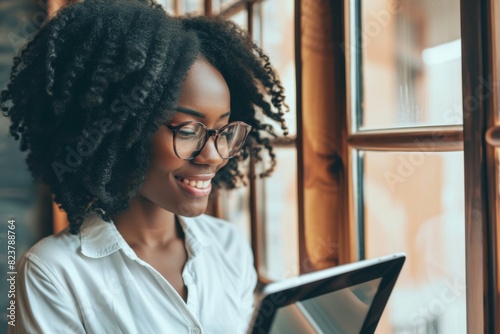 A woman looking at a tab concentrated over the data and smiling face, AI generated