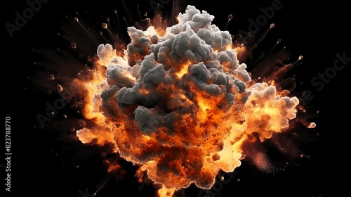 Abstract background with flame explosion with dust cloud and sparks. Glowing fireball destruction. Bomb explode with hot burst with fire energy. Header illustration for banner design. Generative AI.