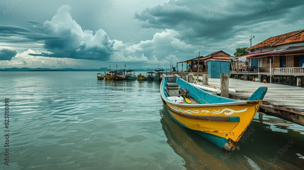 Scenic view of a colorful boat moored by a calm waterfront with houses and cloudy sky in the background, depicting tranquility and rustic lifestyle.