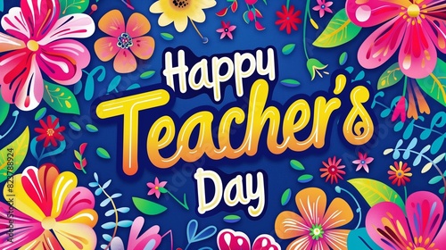 Vibrant Floral Happy Teacher's Day Illustration with Playful Typography