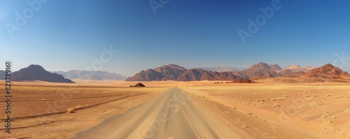 Panoramic view of a long road stretching across a vast desert landscape with mountains in the background under a clear blue sky.