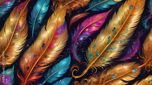 bright background of bird feathers. colorful bird feathers. illustration	
