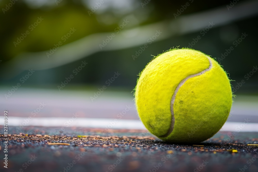 Macro shot of a tennis ball on a hard court with a blurred background, highlighting texture and color