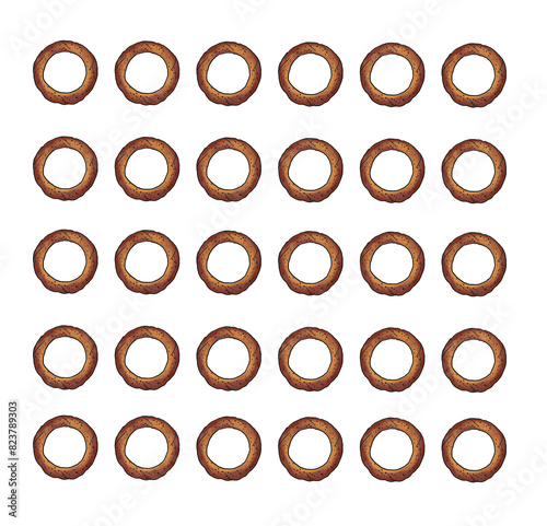 thirty sesame bagels in a row on a white background.  tr:( beyaz zemin üzerinde arka arkaya otuz susamlı simit.)