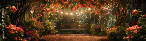 Romantic garden path with vibrant flowers and charming lights, leading to a cozy bench surrounded by lush greenery.