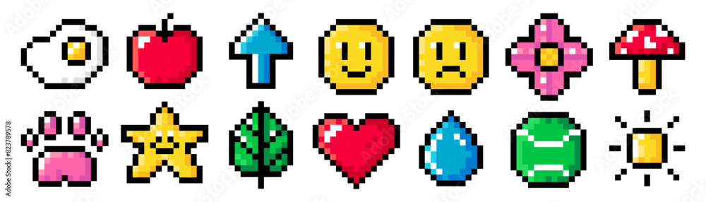 Pixel art set with cute objects isolated on a white background. Vector 8bit pixel illustration of scrambled eggs, emoji, mushroom, flower, apple, arrow, heart, sun, drop of water, star. Pixel art set with cute objects isolated on a white background. Vector 8bit pixel illustration of scrambled eggs, emoji, mushroom, flower, apple, arrow, heart, sun, drop of water, star.