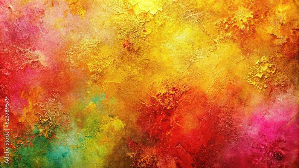 A vibrant and colorful abstract background in shades of gold, red, pink, coral, peach, orange, yellow, lemon, lime, and green, with a rough and grungy texture