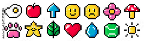 Pixel art set with cute objects isolated on a white background. Vector 8bit pixel illustration of scrambled eggs, emoji, mushroom, flower, apple, arrow, heart, sun, drop of water, star.