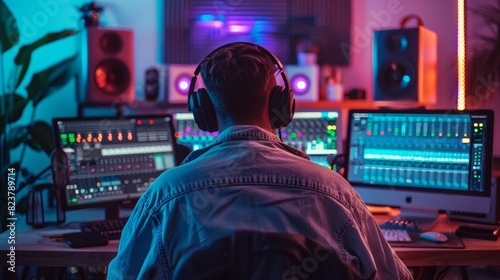 Behind the scenes of a producer who works with a wide range of advanced audio equipment. Surrounded by neon lights