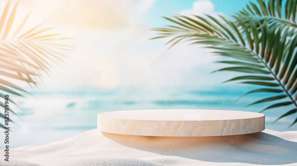 Podium Summer display, pile of sand, palm leaf coconut tree, beach background Podium Summer display, pile of sand, palm leaf coconut tree, beach background