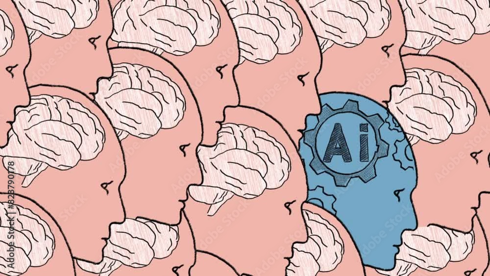 A many of human heads with visible brains line up in uniformity, with one head colored differently, featuring a gear and the letters AI, highlighting the integration of artificial intelligence.
