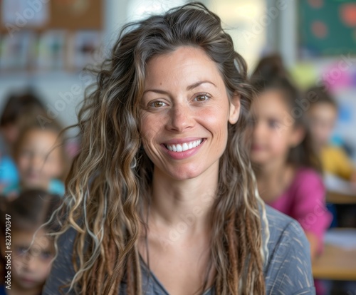 Wallpaper Mural Curly-haired Female Teacher Smiling with Students Torontodigital.ca