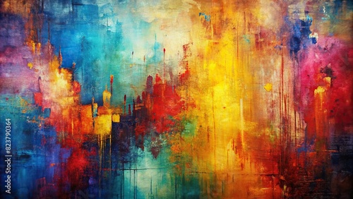 Abstract multicolor painting with grunge texture on canvas  photo