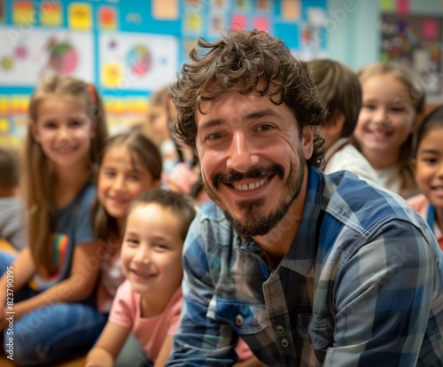 Joyful Curly-haired Teacher in Vibrant Classroom Setting