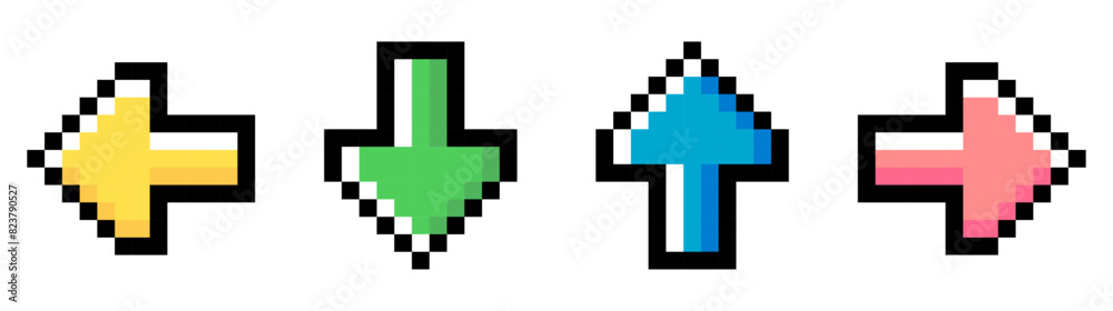 Pixel art set with four cute multicolored arrows turned in different directions isolated on a white background. Vector 8bit pixel illustration Pixel art set with four cute multicolored arrows turned in different directions isolated on a white background. Vector 8bit pixel illustration