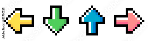 Pixel art set with four cute multicolored arrows turned in different directions isolated on a white background. Vector 8bit pixel illustration