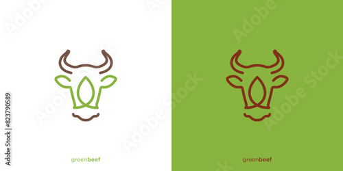 Simple Green Beef Logo Design. Cow Head and leaf with Line Art Outline Style. Farm Animal Logo, Icon, Symbol, Vector, Design Template.