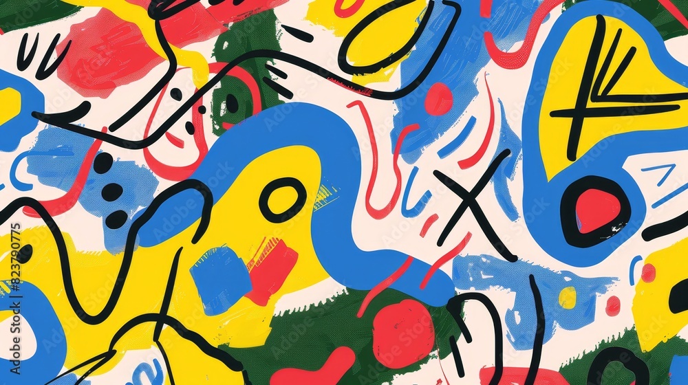 Vibrant abstract painting with dynamic shapes and bold colors in red, blue, yellow, and green. Vibrant abstract painting with dynamic shapes and bold colors in red, blue, yellow, and green.