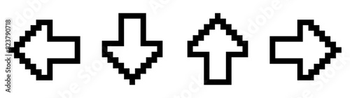 Pixel art set with four black and white arrows turned in different directions isolated on a white background. Vector 8bit pixel illustration.