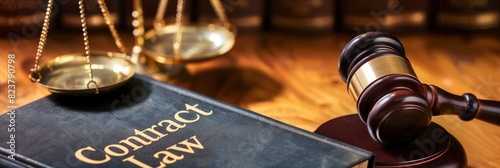 An official book of law with the title Contract Law on it, beside gavel and scales of justice on wooden desk