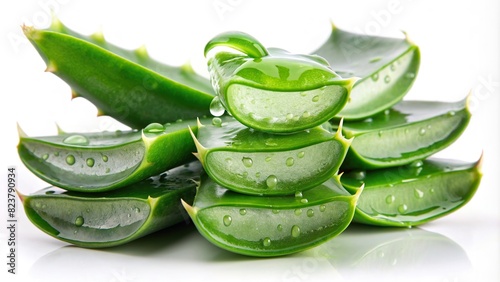 Aloe vera gel dripping from freshly sliced leaves on a white background 
