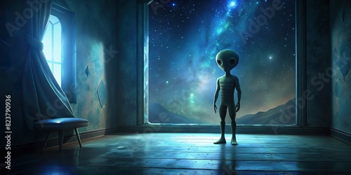 Alien standing alone in a dark and empty room, looking out the window at the night sky