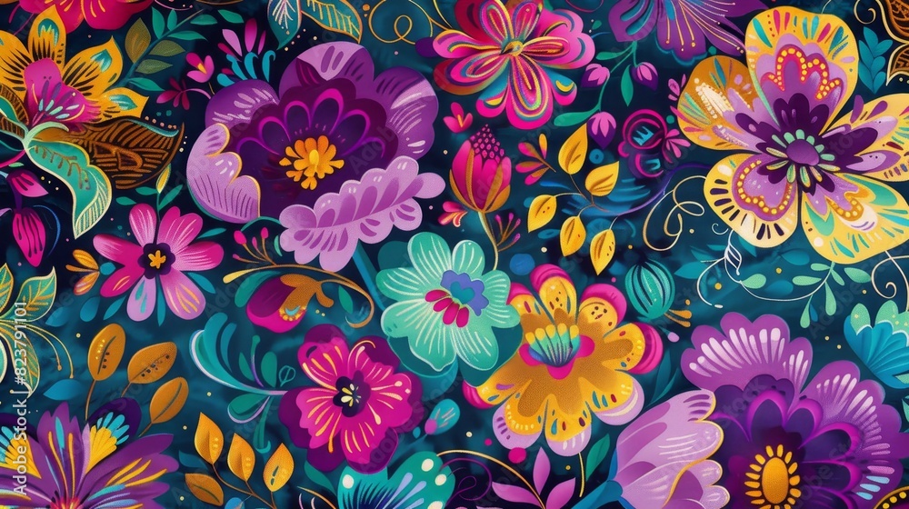 Vibrant, colorful floral pattern with intricate details. Perfect for backgrounds, textiles, and design projects that need a touch of nature.