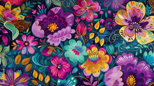 Vibrant  colorful floral pattern with intricate details. Perfect for backgrounds  textiles  and design projects that need a touch of nature.