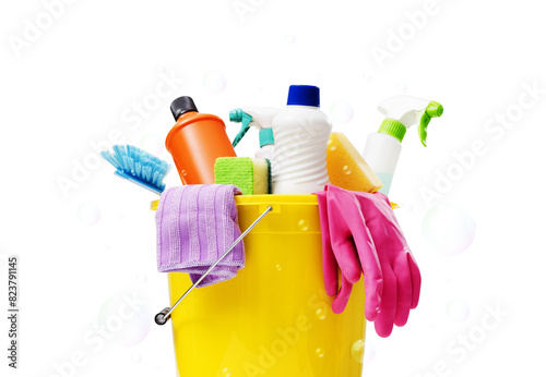 Colorful assorted housecleaning products and accessories
