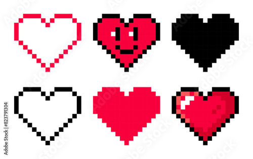 Pixel art set with cute different hearts isolated on a white background. Vector 8bit pixel illustration