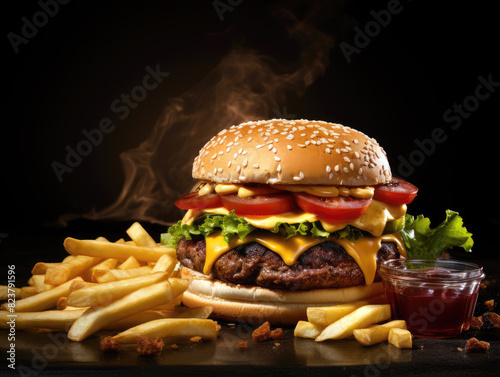 Juicy beef burger with melted cheese, fresh vegetables, and crispy fries on a dark background. AI.