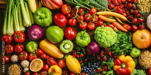 A vibrant, colorful array of vegetables, fresh fruits, cereals