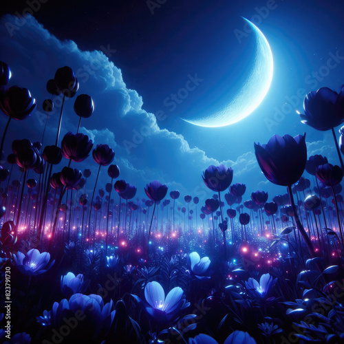 Generative AI Captivating CGI digital cinematic anime image blends vibrant colors with somber tones, The scene is illuminated from below, dramatic light across the landscape. blue full moon backlights