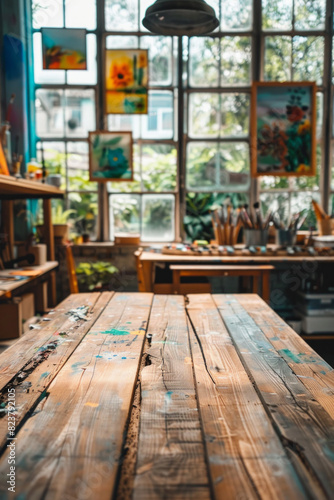 A wooden table in the foreground with a blurred background of an art studio. The background includes easels with canvases  paintbrushes  palettes  colorful paintings on the walls  and shelves