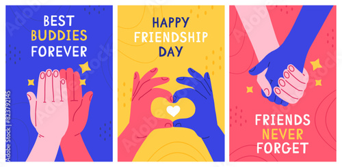 A set of three bright cartoon flat style friendship posters with hands. Friendship card design. International Friendship Day