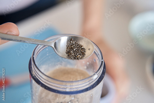 Teaspoon so chia seed added to smoothie