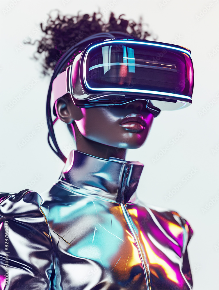 Black skin woman wearing VR virtual reality goggle on colorful neon light background, Metaverse Visualization simulation AR, VR, Innovation of futuristic concept Black skin woman wearing VR virtual reality goggle on colorful neon light background, Metaverse Visualization simulation AR, VR, Innovation of futuristic concept